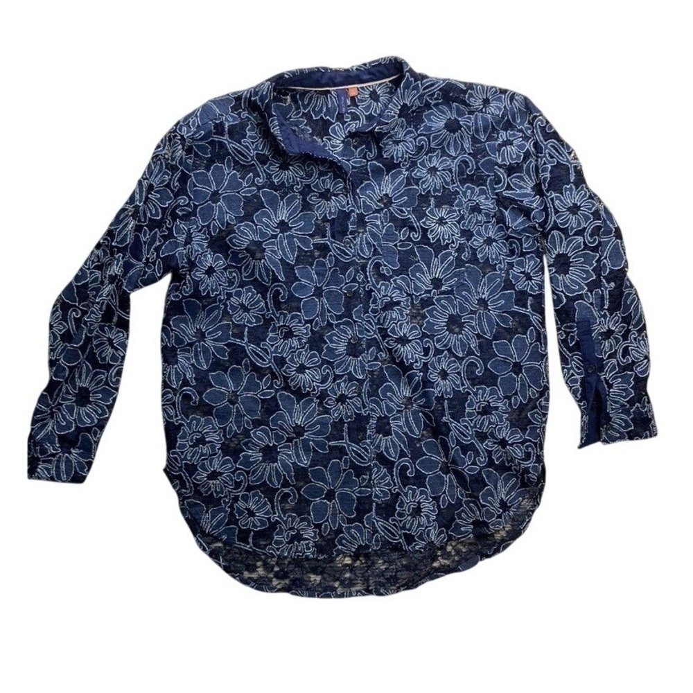Pilcro Anthropologie Floral Lace Button Front Shirt Blue Lace Cotton Top Size L